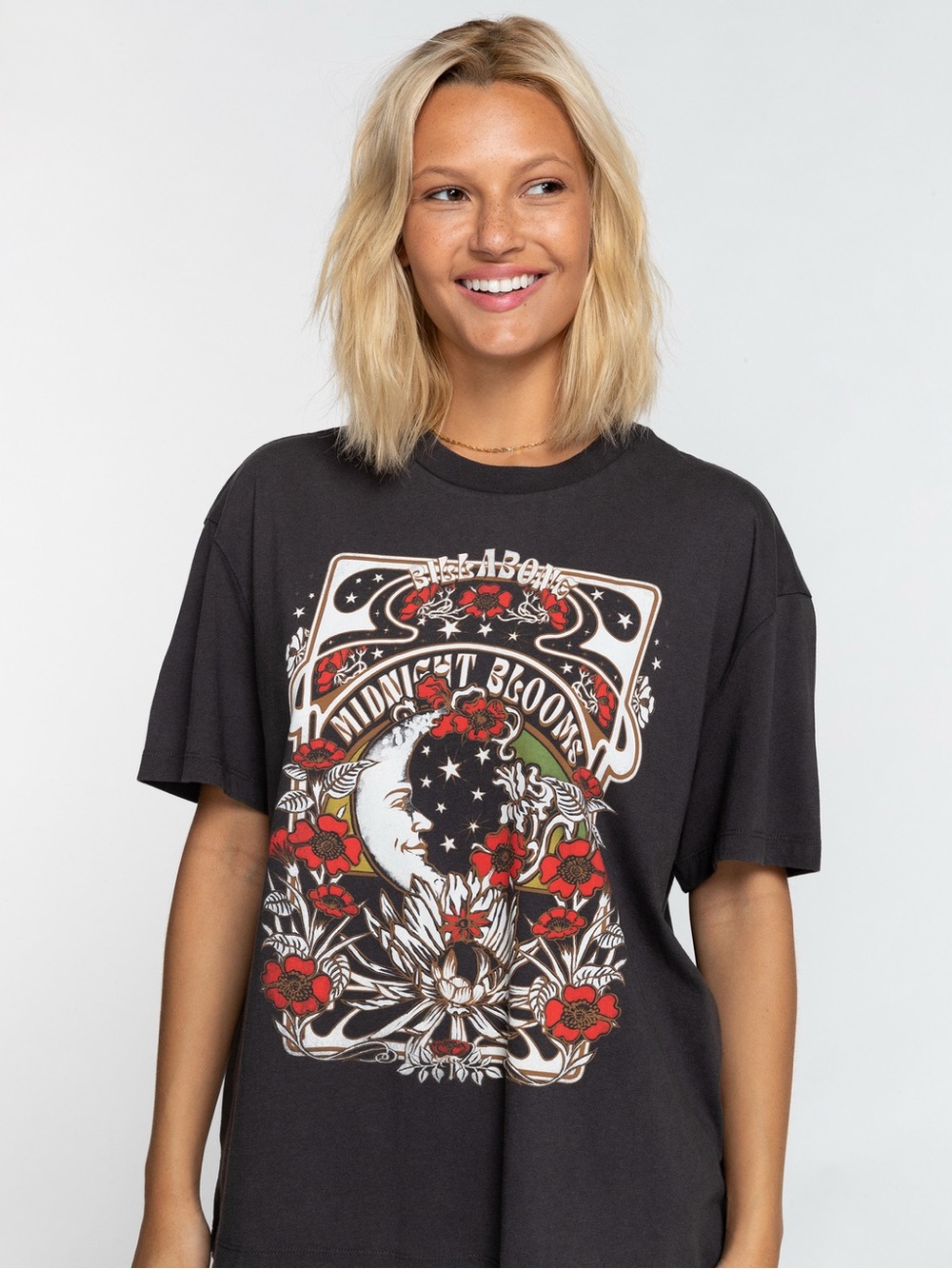 Billabong Black Short-Sleeve Tee with Red Floral Moon Graphic